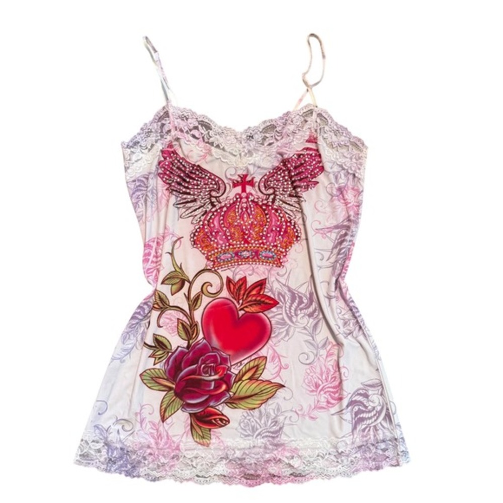 Y2K Lace Trim Cami Bedazzled Tattoo Print Bling Crown‎ Heart Rose Rocker Glam XL